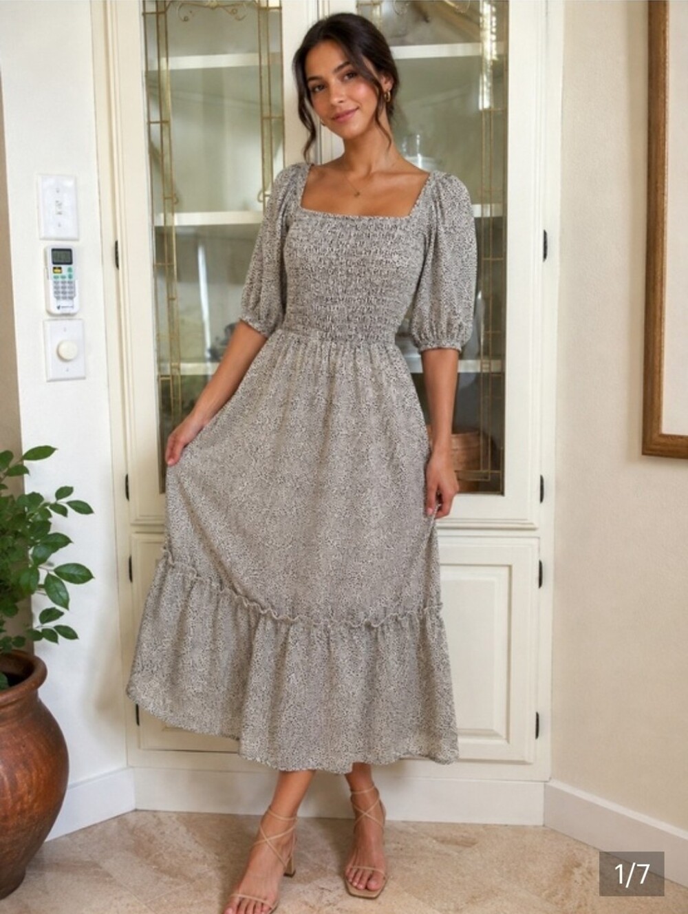 Smocked Midi Dress with Puff Sleeves - Cream Speckle Large Sienna Sky